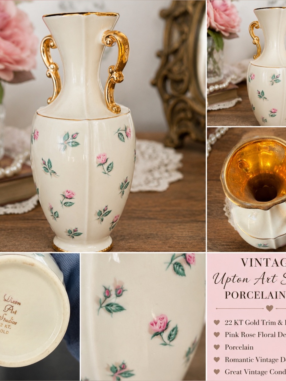 Vintage Upton Art Studios Porcelain Vase 22 KT Gold Pink Rose Bud Floral Vase